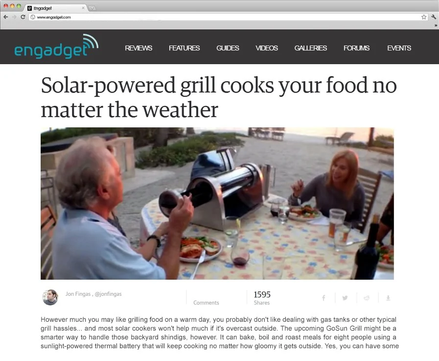 Engadget coverage of Visiting From Space client GoSun: Solar-powered grill cooks your food no matter the weather