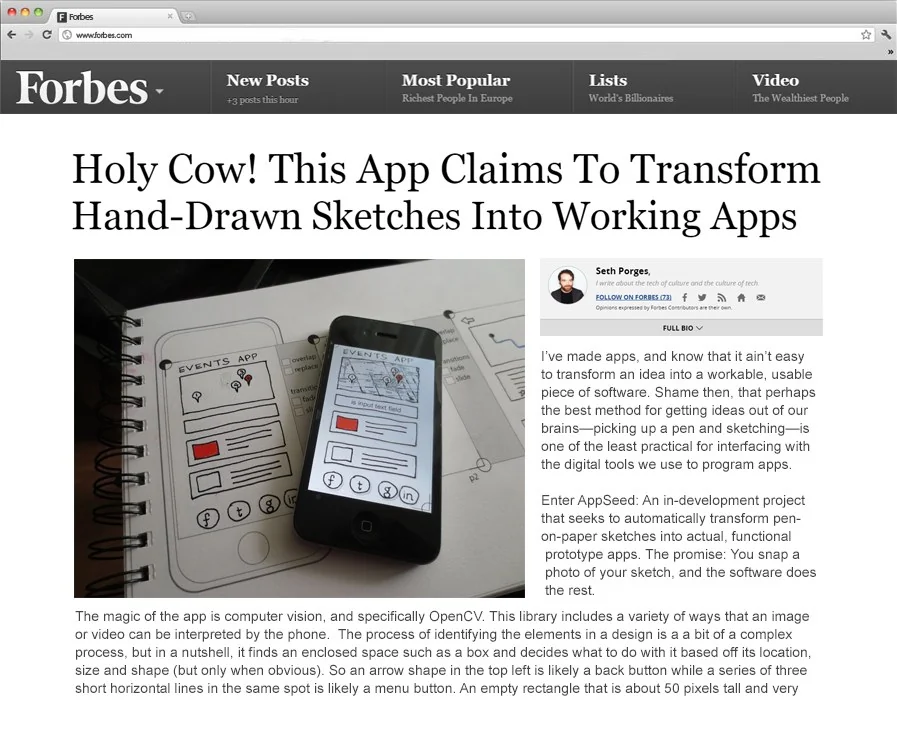 Forbes coverage of Visiting From Space client Appseed: Holy Cow! This App Claims To Transform Hand-Drawn Sketches Into Working Apps