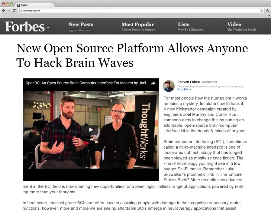 Forbes coverage of Visiting From Space client OpenBCI: New Open Source Platform Allows Anyone To Hack Brain Waves