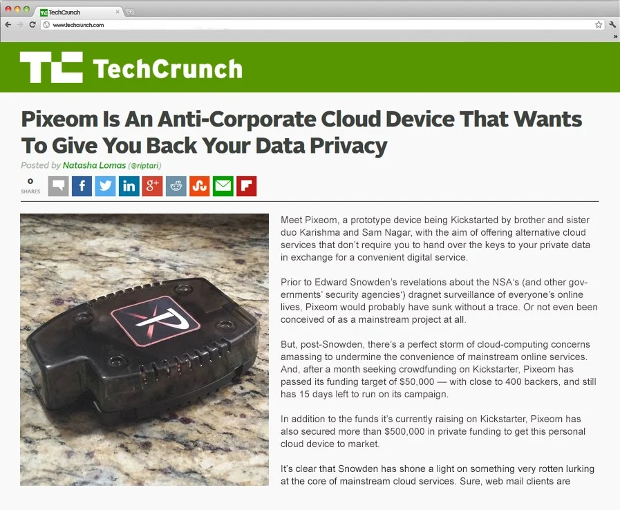 TechCrunch coverage of Visiting From Space client Pixeom: Is An Anti-Corporate Cloud Device That Wants To Give You Back Your Data Privacy